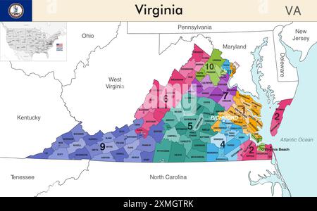 Virginia state map with counties borders and colored congressional districts boundaries due to The 2020 United States census and which is valid since Stock Vector