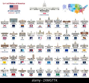 All state capitols of the United States. Detailed vector isolated icons of all capitol buildings. Map of the United States with all state capitals on Stock Vector