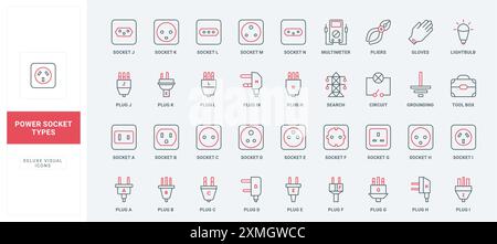 Different types of electric sockets and plugs, electrician toolbox and equipment line icon set. Various outputs and inputs with names, circuit thin black and red outline symbols vector illustration Stock Vector