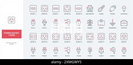 Different types of electric sockets and plugs, electrician toolbox and equipment line icon set. Various outputs and inputs with names, circuit thin bl Stock Vector