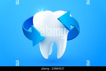3d realistic vector healthy glowing tooth. Arrows around white tooth. Dental care, protection and whitening. Vector illustration Stock Vector
