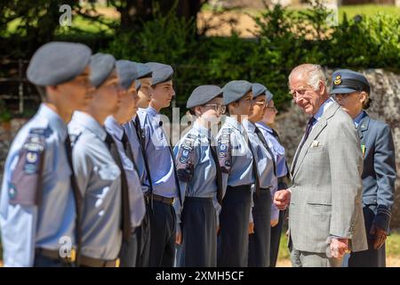 King Charles III meets cadets from 42F (King's Lynn, Estate 1939) Squadron Air Training Corps Venture Adventure, after attending a Sunday church service at St Mary Magdalene Church in Sandringham, Norfolk. Picture date: Sunday July 28, 2024. Stock Photo