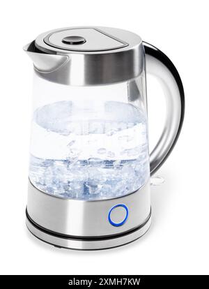 side view of transparent electric kettle with boiling water, isolated on white background Stock Photo