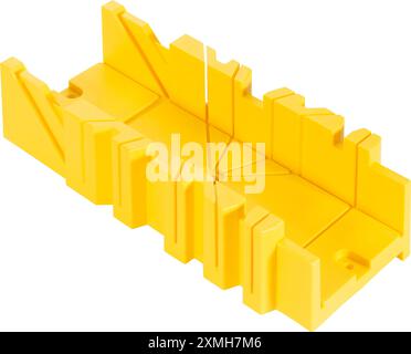 Wood saw with wooden handle standing in a yellow plastic miter box, isolated on white background Stock Photo