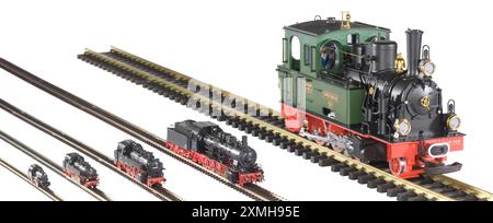 Steam locomotive engine and tracks model railway cut out still life detail Stock Photo