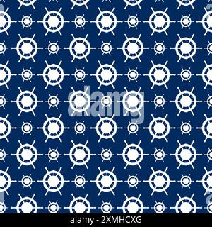 Vector seamless pattern with ship steering wheel or nautical boat helm white silhouette. Marine, sea traveling, Columbus Day repeat pattern design, ba Stock Vector