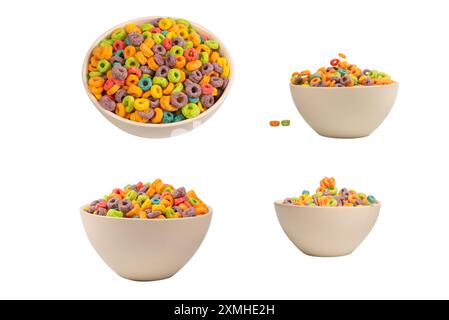 Colorful rings cereal spill out into a bowl. Breakfast. Isolated on a white background. Stock Photo