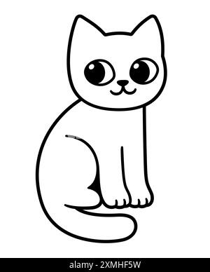 Cute cartoon sitting cat line art drawing. Funny kitten black and white outline. Simple hand drawn vector illustration. Stock Vector