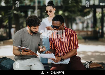 Multiracial business team analyzing documents while discussing strategies in an outdoor meeting Stock Photo