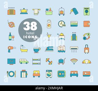 Hotel vector flat icon set. Graph symbol for travel and tourism web site and apps design, logo, app, UI Stock Vector