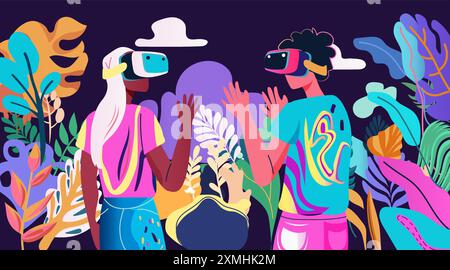 Two people wearing VR headsets in a vibrant tropical environment with colorful plants and abstract shapes Stock Vector