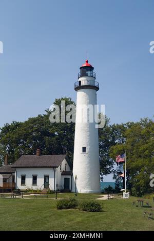 The Pointe aux Barques Lighthouse and museum, on Lake Michigan, in Port Hope Michigan USA Stock Photo