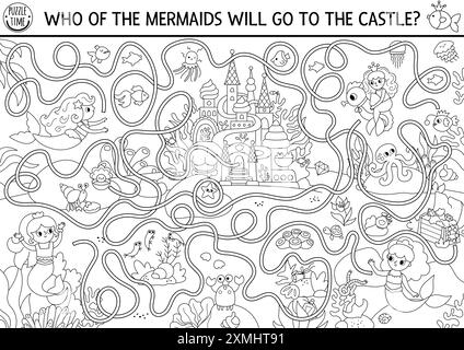 Under the sea black and white maze for kids with clown fish, seahorse ...