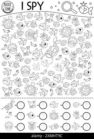 Mermaid black and white I spy game for kids. Searching, counting line activity with harp, turtle, seashell. Fairytale ocean kingdom line printable wor Stock Vector