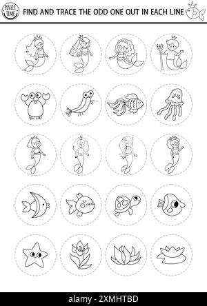 Find the odd one out. Mermaid black and white logical activity, coloring page for kids. Ocean kingdom educational line quiz worksheet. Marine printabl Stock Vector