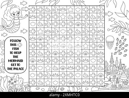 Mermaid black and white maze, seek and find game. Attention skills coloring page. Marine printable line activity for kids. Logical searching puzzle. F Stock Vector