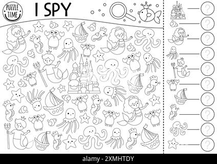 Mermaid black and white I spy game for kids. Searching, counting line activity with merman, palace, ship, octopus. Ocean kingdom printable worksheet, Stock Vector