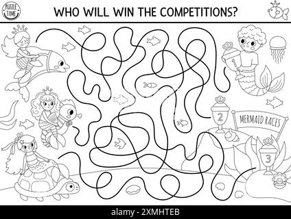 Mermaid black and white maze with sea bed landscape, princess, castle ...