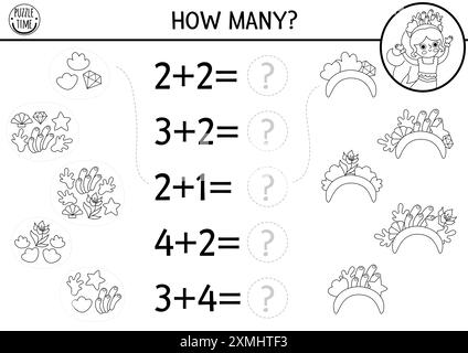 Match the numbers black and white mermaid game with headband, seaweeds, shells. Ocean kingdom math activity, coloring page. Marine educational countin Stock Vector