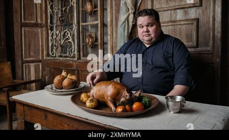 A view of an obese man sitting in an armchair with a lot of food on the table in front of him. Stock Photo