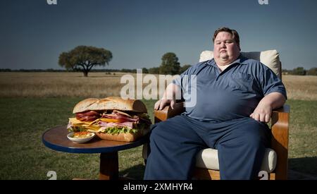 A view of an obese man sitting in an armchair with a lot of food on the table in front of him. Stock Photo