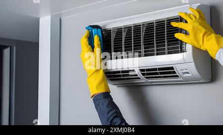 Cleaning the air conditioning hanging on the wall, the worker cleans the air conditioning. Stock Photo