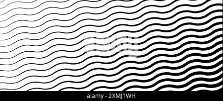 Black wavy lines that go from thin to thick. Striped waves drawn in ink. Abstract geometric background with monochrome water surface texture. Vector Stock Vector