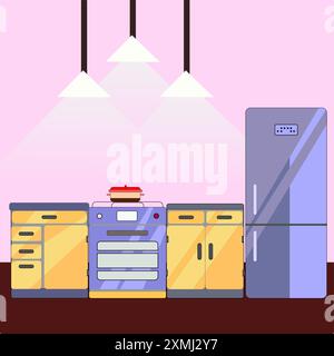 kitchen scene with a minimalist and modern design The color palette is predominantly pastel with pink walls white countertops and light wood cabinets Stock Vector