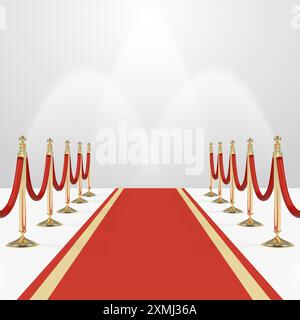 Red carpet with red ropes on golden stanchions Stock Vector