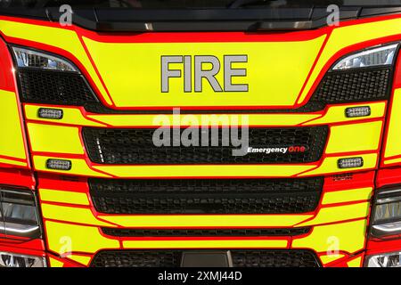 Close up of an Emergency One Fire Truck from West Yorkshire Fire & Rescue while attending to a fire at Canal Mills in Leeds,West Yorkshire,UK Stock Photo