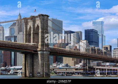 Spanning the East River between Manhattan and Brooklyn, the Brooklyn Bridge is a hybrid cable-stayed suspension bridge in New York City, USA. Stock Photo