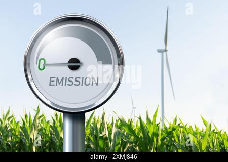 Gauge with inscription EMISSION on a background of renewable energy sources. Arrow points to zero. Stock Photo