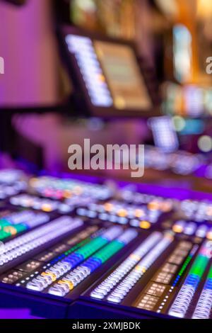 Professional video and sound mixer control panel with buttons and sliders. Inside an outside broadcasting truck. Video Switcher. Live Switcher Video Mixer for Shows and Television. Video Mixer Stock Photo
