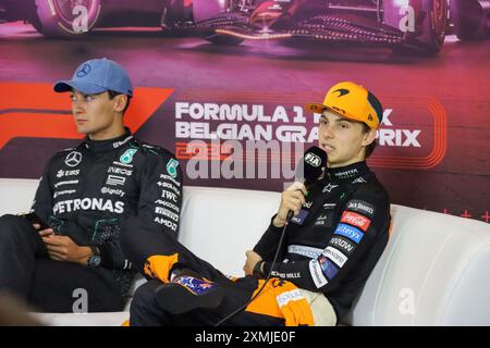 Spa, Monte Carlo, Belgium. 28th July, 2024. GEORGE RUSSELL disqualified from the 2024 Belgian Grand Prix after winning the race ahead of teammate LEWIS HAMILTON, and Mclaren's OSCAR PIASTRI. Top three in the post race press conference before the news. (Credit Image: © Alexis Kahn/ZUMA Press Wire) EDITORIAL USAGE ONLY! Not for Commercial USAGE! Stock Photo