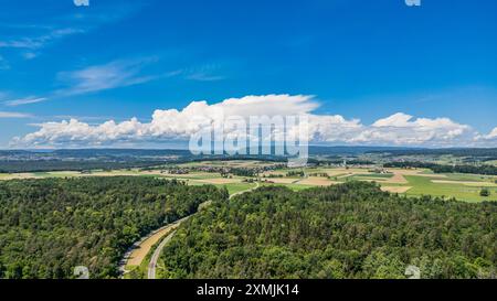 Marthalen, Switzerland, 20th May 2024: View towards southern Germany and the canton of Schaffhausen where a storm is raging. The sun is now shining in Stock Photo