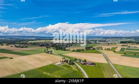 Marthalen, Switzerland, 20th May 2024: View towards southern Germany and the canton of Schaffhausen where a storm is raging. The sun is now shining in Stock Photo