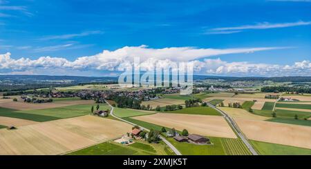 Marthalen, Switzerland, 20th May 2024: View towards southern Germany and the canton of Schaffhausen where a storm is raging. The sun is now shining in Stock Photo