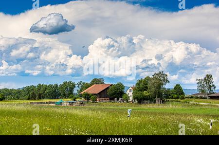 Marthalen, Switzerland, 20th May 2024: A storm is raging behind the farms in southern Germany and the Swiss canton of Schaffhausen. The sun is shining Stock Photo