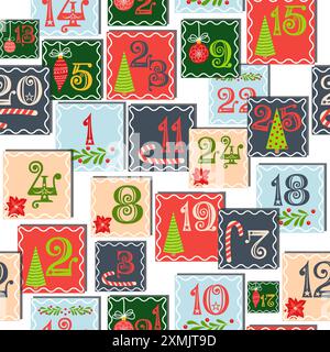 Christmas advent calendar seamless pattern with gnome, candy kane, mistletoe, cookies, holiday, candle, gift, box, Christmas wreath, boots, Christmas Stock Vector