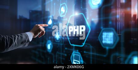 Hypertext Preprocessor PHP Programming. Interpreted programming language Stock Photo
