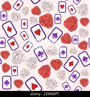 Alice in Wonderland pattern: rabbit, Cheshire cat, flamingo, cards, hat, keys cup mushrooms clock and roses Stock Vector