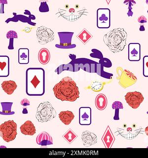 Alice in Wonderland pattern: rabbit, Cheshire cat, flamingo, cards, hat, keys cup mushrooms clock and roses Stock Vector