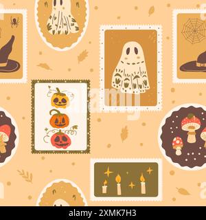 Halloween checked seamless pattern. Bento box All Hallows' Eve repeat background. Fly agaric, pumpkin and ghost with candles retro stamps endless surf Stock Vector