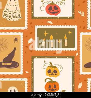 Halloween checked seamless pattern. Bento box All Hallows' Eve repeat background. Carved pumpkins, candles, witch hat and ghost retro stamps endless s Stock Vector