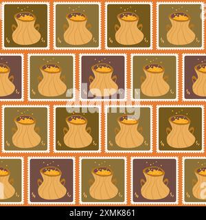 Cauldrons checked seamless pattern. Bento box Halloween repeat background. wizard tools retro stamps endless surface design. Vector hand drawn flat il Stock Vector