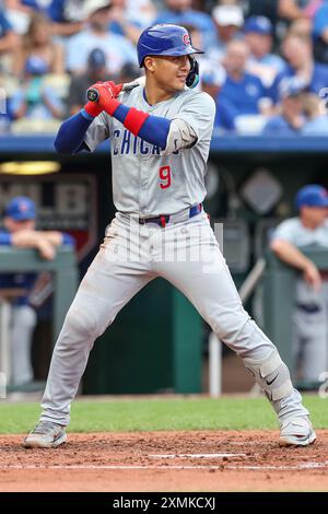 Kansas City, MO, USA. 27th July, 2024. Chicago Cubs catcher Miguel Amaya (9) bats against the Kansas City Royals at Kauffman Stadium in Kansas City, MO. David Smith/CSM/Alamy Live News Stock Photo