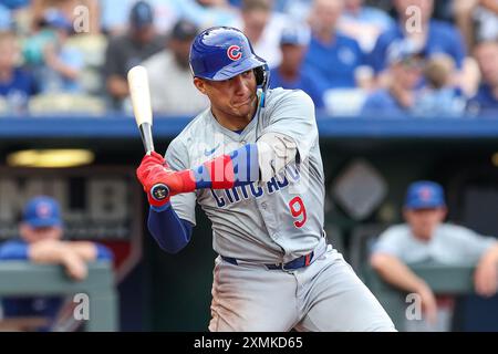 Kansas City, MO, USA. 27th July, 2024. Chicago Cubs catcher Miguel Amaya (9) bats against the Kansas City Royals at Kauffman Stadium in Kansas City, MO. David Smith/CSM/Alamy Live News Stock Photo