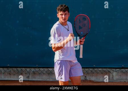 Max Hans Rehberg from Germany celebrates after scores a point during Internazionali di Verona - ATP Challenger 100 tennis tournament at Sports Club Ve Stock Photo