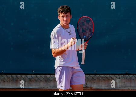 Max Hans Rehberg from Germany celebrates after scores a point during Internazionali di Verona - ATP Challenger 100 tennis tournament at Sports Club Ve Stock Photo