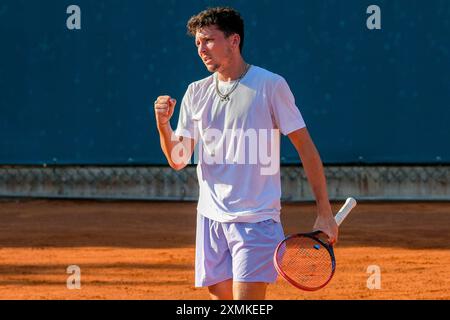 Max Hans Rehberg from Germany celebrates after scores a point during Internazionali di Verona - ATP Challenger 100 tennis tournament at Sports Club Ve Stock Photo